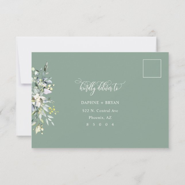 Tarjeta De Confirmación De Asistencia Elegante Sage Green Leaves Response Address Backer (Reverso)