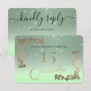 Tarjeta De Confirmación De Asistencia Elegante Sage Green Purpurina Moda Floral Quincean