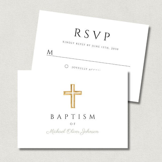 Tarjeta De Confirmación De Asistencia Elegante Sage Green Religioso Cross Boy Baptism (Elegant Sage Green Religious Cross Boy Baptism RSVP Card)