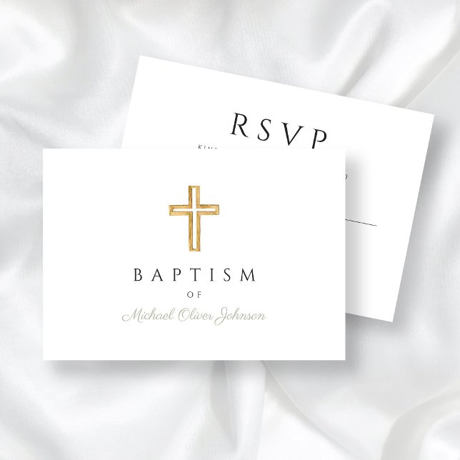 Tarjeta De Confirmación De Asistencia Elegante Sage Green Religioso Cross Boy Baptism (Elegant Sage Green Religious Cross Boy Baptism RSVP Card)