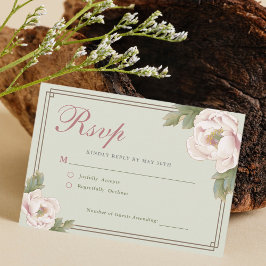 Tarjeta De Confirmación De Asistencia Elegante Sage Green Rubor Peony Floral Wedding RSV