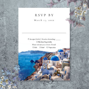 Tarjeta De Confirmación De Asistencia Elegante Santorini Grecia Boda en Acuarela
