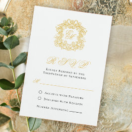Tarjeta De Confirmación De Asistencia Elegante Script Monograma Dorado Boda Escudo