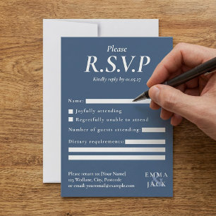 Tarjeta De Confirmación De Asistencia Elegante serif azul con ampersante y boda
