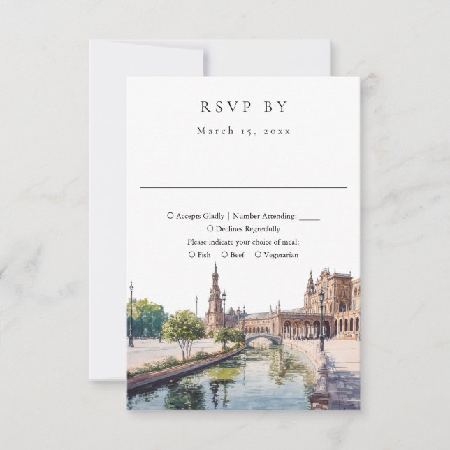 Tarjeta De Confirmación De Asistencia Elegante Sevilla España Boda Acuarela (Anverso)