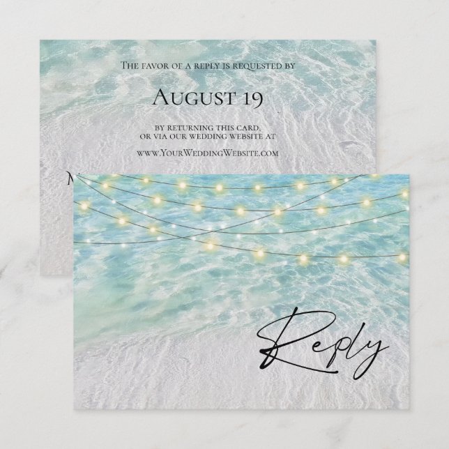 Tarjeta De Confirmación De Asistencia Elegante sitio web de Seaside String Lights Beach (Anverso / Reverso)