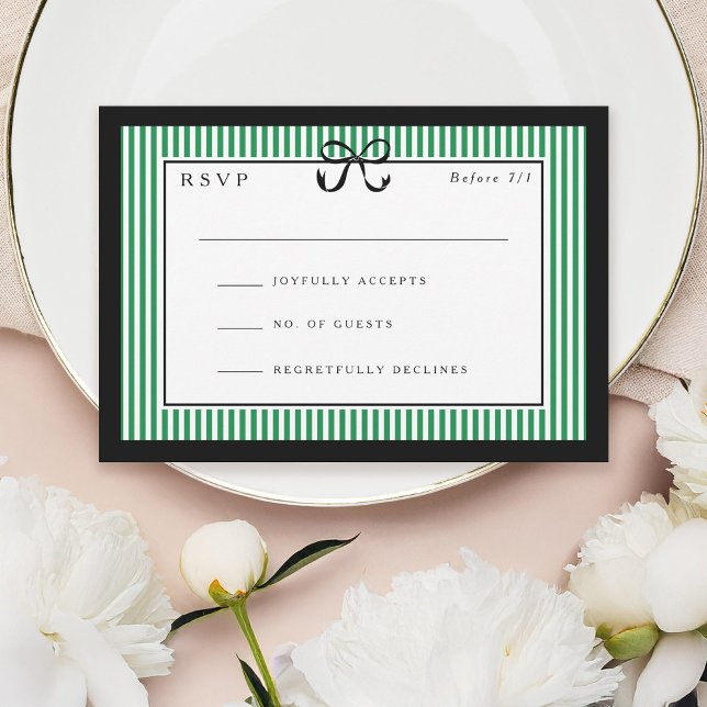 Tarjeta De Confirmación De Asistencia Elegante Stripe Black Border con Boda Bow (Subido por el creador)