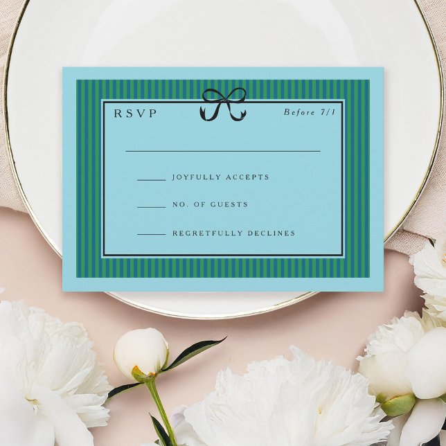 Tarjeta De Confirmación De Asistencia Elegante Stripe Black Border con Boda Bow (Subido por el creador)