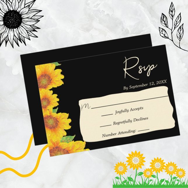 Tarjeta De Confirmación De Asistencia Elegante Sunflowers Black Backdrop Floral Boda (Subido por el creador)