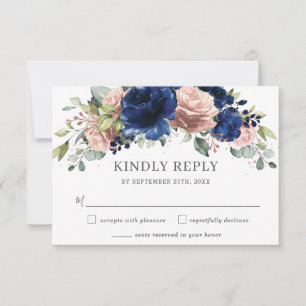 Tarjeta De Confirmación De Asistencia Elegante Tarjeta de Boda Floral Rosa de Oro Azul M
