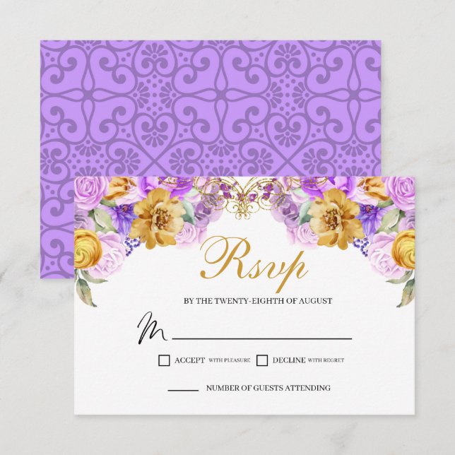 Tarjeta De Confirmación De Asistencia Elegante Tarjeta de Gabinete Lilac & Gold Floral R (Anverso / Reverso)