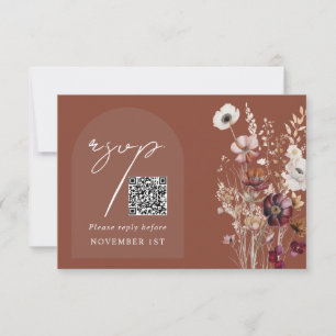 Tarjeta De Confirmación De Asistencia Elegante Terracota Floral QR Code Arch Boda