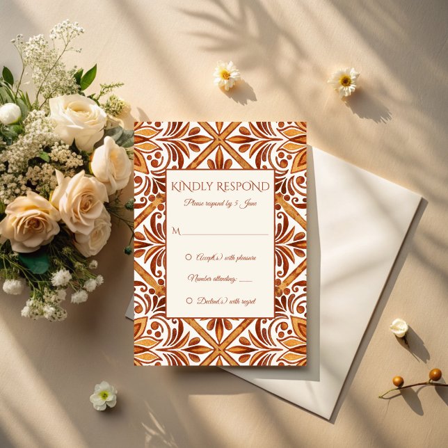 Tarjeta De Confirmación De Asistencia Elegante Terracota Mexicana Talavera boda (Elegant Terracotta Talavera vintage Mexican wedding RSVP Card Talavera wedding invitation suite)