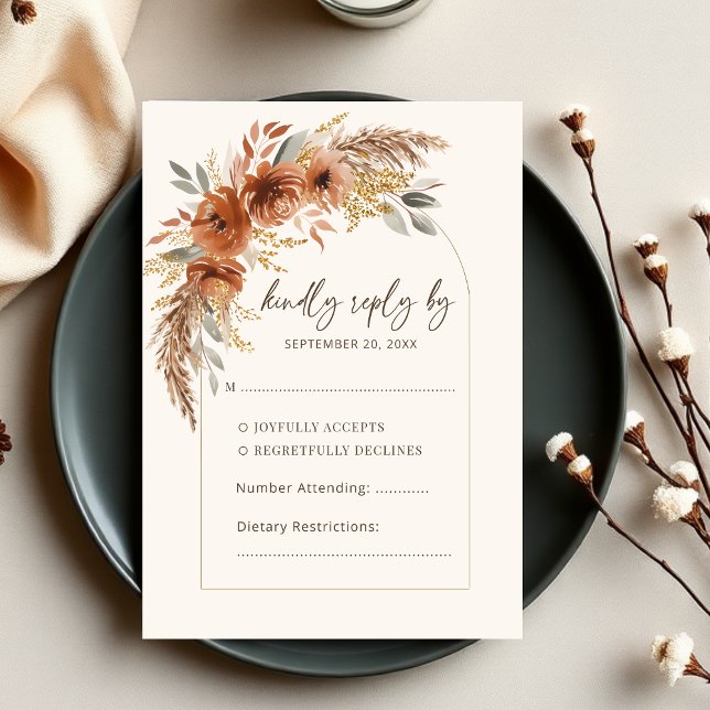 Tarjeta De Confirmación De Asistencia Elegante Terracota Rústica Boda floral otoño (Elegant Rust Terracotta Fall Floral Wedding RSVP Card)