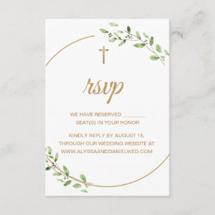Tarjeta De Confirmación De Asistencia Elegante Vegetación Cruz Dorada Boda Cristiana