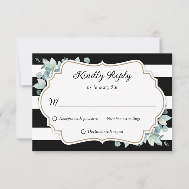 Tarjeta De Confirmación De Asistencia Elegante vegetación Eucalyptus Boda Blanco Negro (Anverso)
