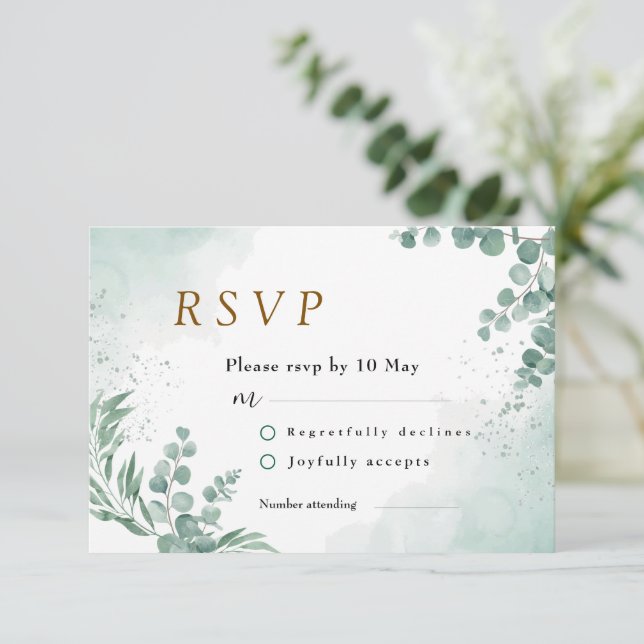 Tarjeta De Confirmación De Asistencia Elegante vegetación Eucalyptus deja Boda (Anverso de pie)