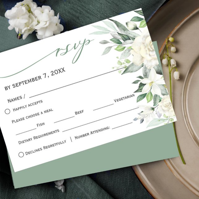 Tarjeta De Confirmación De Asistencia Elegante vegetación Floral blanca de invierno (Elegant Greenery White Winter Floral RSVP Card #greenery #rustic #zazzlemade #whiteflowers)