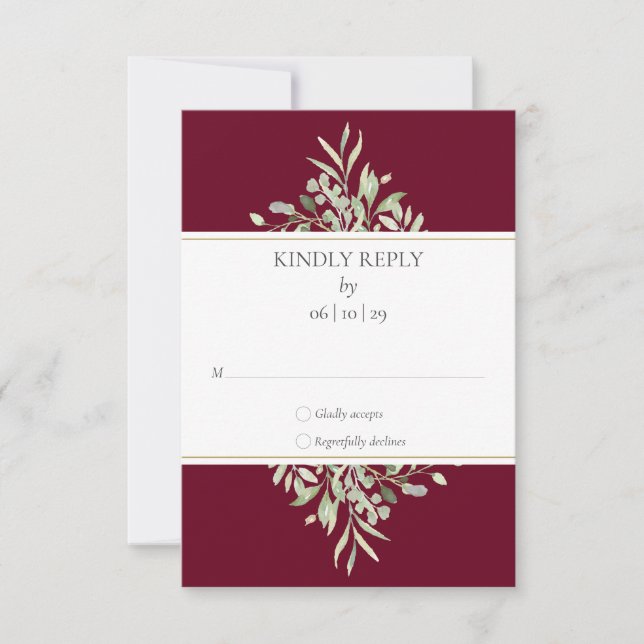 Tarjeta De Confirmación De Asistencia Elegante vegetación Foliage Burgundy Boda (Anverso)
