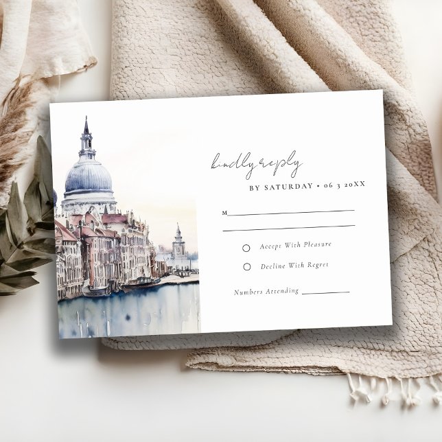 Tarjeta De Confirmación De Asistencia Elegante Venecia Italia Canals Boda de acuarela (Subido por el creador)