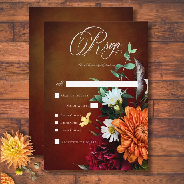 Tarjeta De Confirmación De Asistencia Elegante verano oscuro atardecer Boda floral cena (Dark Elegant Summer Sunset Floral Wedding Dinner RSVP Card)