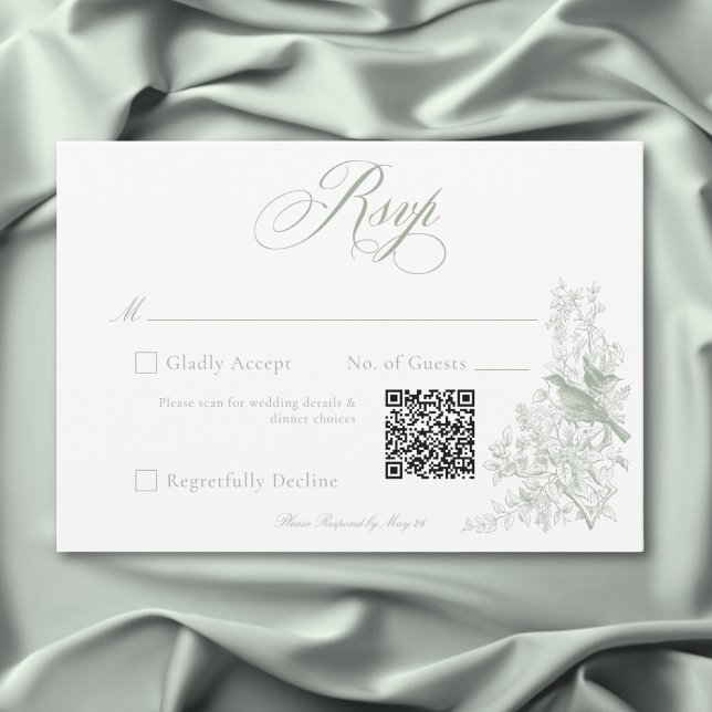 Tarjeta De Confirmación De Asistencia Elegante verde Chinoiserie Naturaleza Aves Boda QR (Elegant Green Chinoiserie Nature & Birds Wedding RSVP Card)