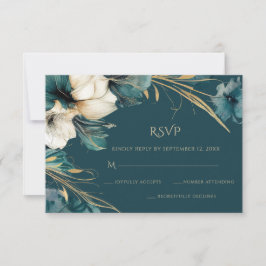 Tarjeta De Confirmación De Asistencia Elegante verde floral Verde azulado Boda de oro