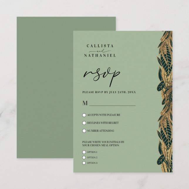 Tarjeta De Confirmación De Asistencia Elegante verde sabio dorado deja Boda (Anverso / Reverso)