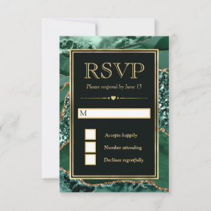Tarjeta De Confirmación De Asistencia Elegante Verde y Dorado Brillo Agata Boda
