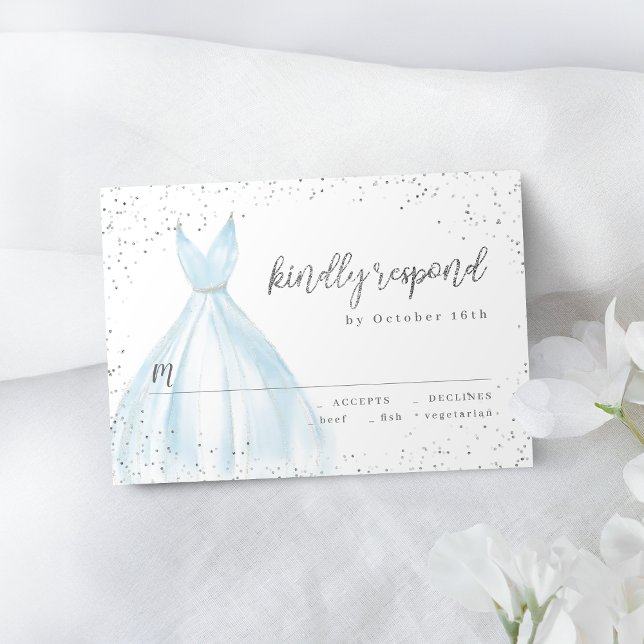 Tarjeta De Confirmación De Asistencia Elegante vestido de quinceañera plateado con brill (Elegant glitter silver blue dress quinceañera RSVP)