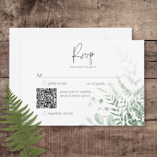 Tarjeta De Confirmación De Asistencia Elegante y Delicado Verdor Ferns Código QR (Elegant Delicate Greenery Ferns Wedding Response Card with QR Code)