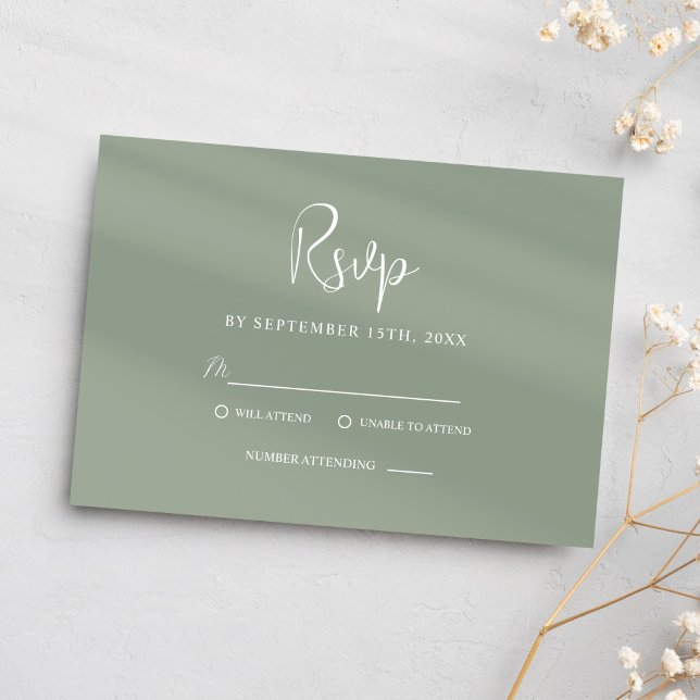 Tarjeta De Confirmación De Asistencia Elegante y elegante escritura verde estilo elegant (Classy Sage Green Script Modern Elegant Wedding RSVP Card)
