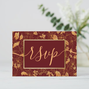 Tarjeta De Confirmación De Asistencia Elegante y Hermoso Follaje Oscuro Burgundy y Dorad