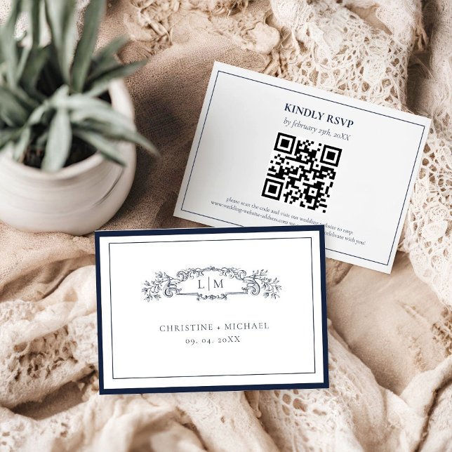 Tarjeta De Confirmación De Asistencia Elegante y Moda Escudo azul  boda Monograma (Subido por el creador)