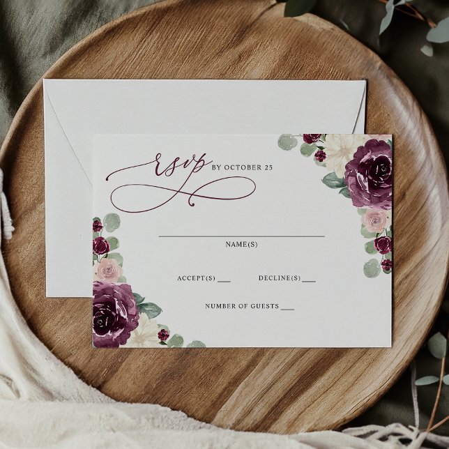 Tarjeta De Confirmación De Asistencia Elegante y moderno matrimonio botánico floral (Elegant Modern Botanical Plum Floral Wedding RSVP Card)