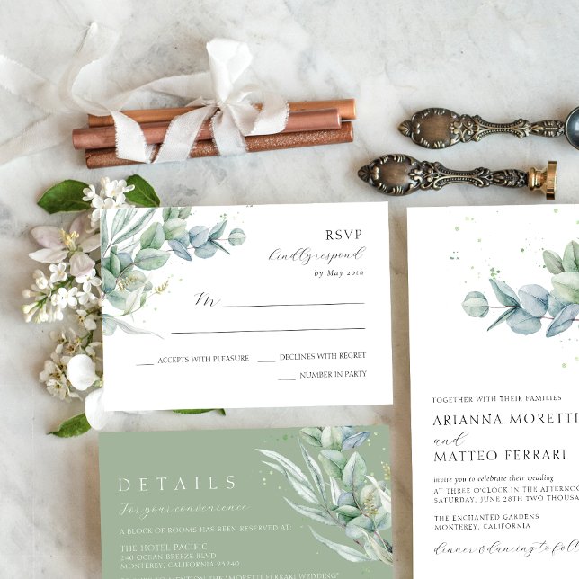 Tarjeta De Confirmación De Asistencia Elegante y simple Boda de vegetación eucalipto (Simple, sage green, modern wedding RSVP card with eucalyptus greenery)