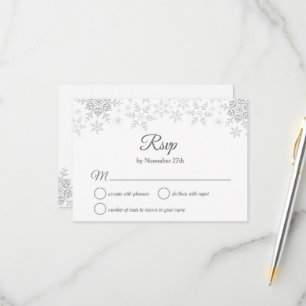 Tarjeta De Confirmación De Asistencia Elegantes copos de nieve Navidades plateados Boda 