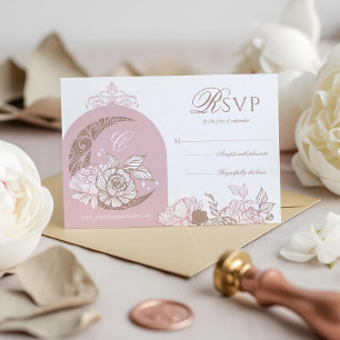 Tarjeta De Confirmación De Asistencia Elegantes flores rosadas Luna Estrellas Tiara Quin