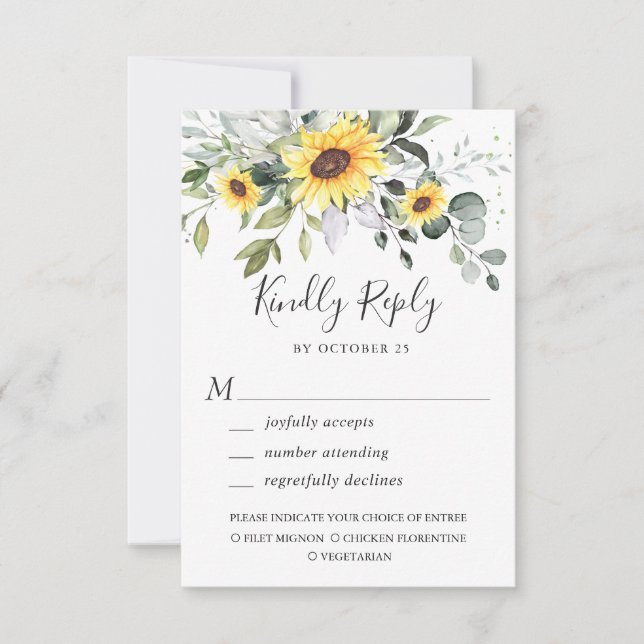 Tarjeta De Confirmación De Asistencia Elegantes girasoles Eucalyptus Greenery Boda (Anverso)