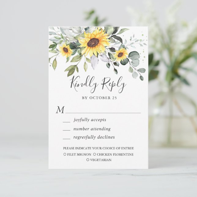 Tarjeta De Confirmación De Asistencia Elegantes girasoles Eucalyptus Greenery Boda (Anverso de pie)