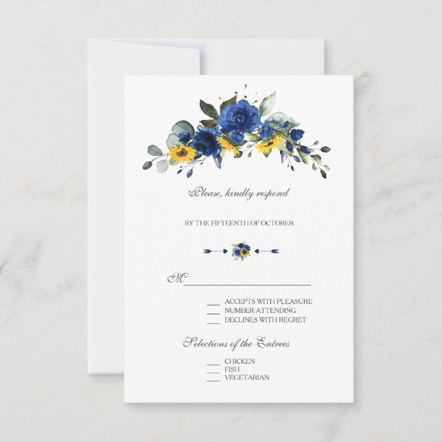 Tarjeta De Confirmación De Asistencia Elegantes Girasoles Flores Azules Marinos Boda (Anverso)