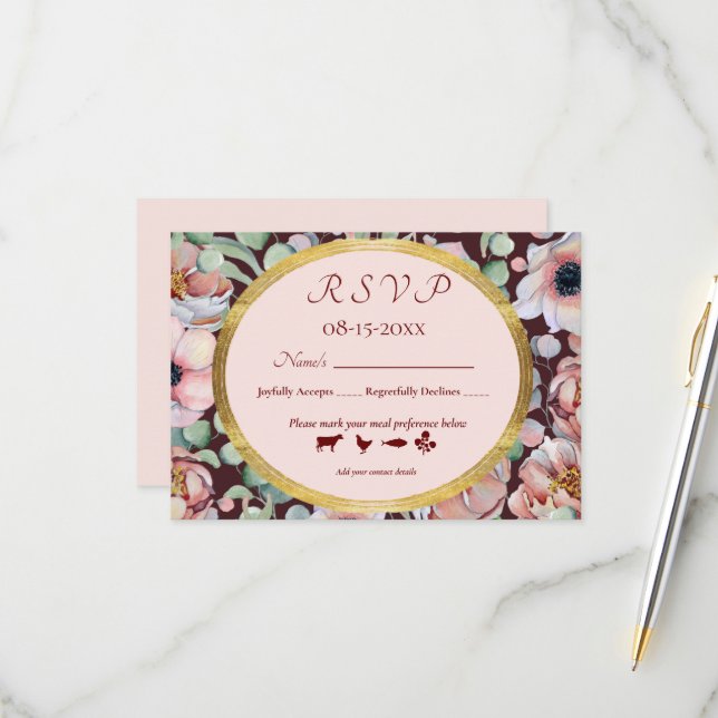 Tarjeta De Confirmación De Asistencia Elegantes marcos geométricos de anémona rosada de  (Anverso/Reverso In Situ)