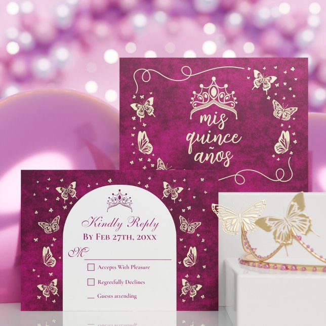 Tarjeta De Confirmación De Asistencia Elegantes mariposas de oro rosa tiara Quinceañera (Elegant Pink Gold Tiara Butterflies Quinceañera RSVP Card)
