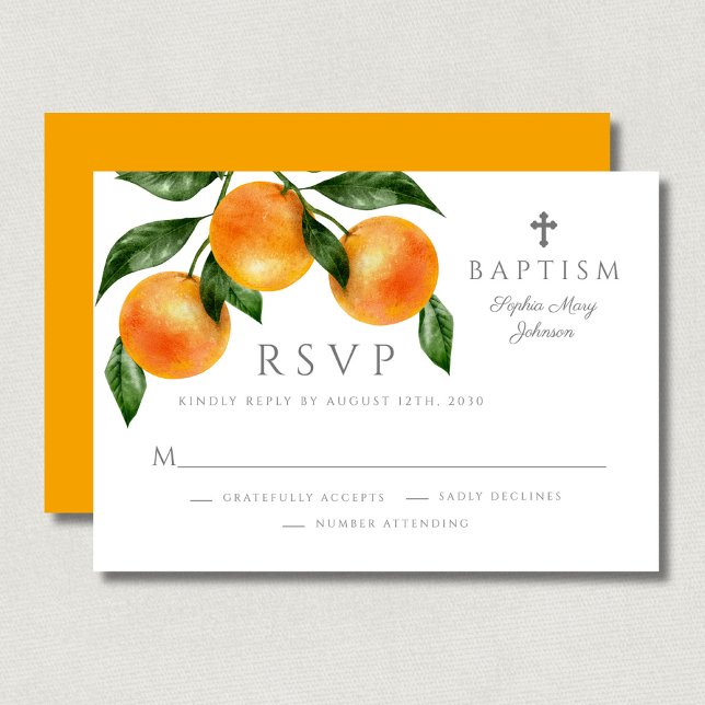Tarjeta De Confirmación De Asistencia Elegantes Naranjas Chica bautismo (Religious Cross Sage Green First Communion RSVP Card)