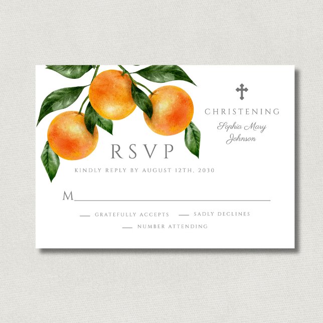 Tarjeta De Confirmación De Asistencia Elegantes Naranjas Citrus Christening (Elegant Oranges Citrus Christening RSVP Card)