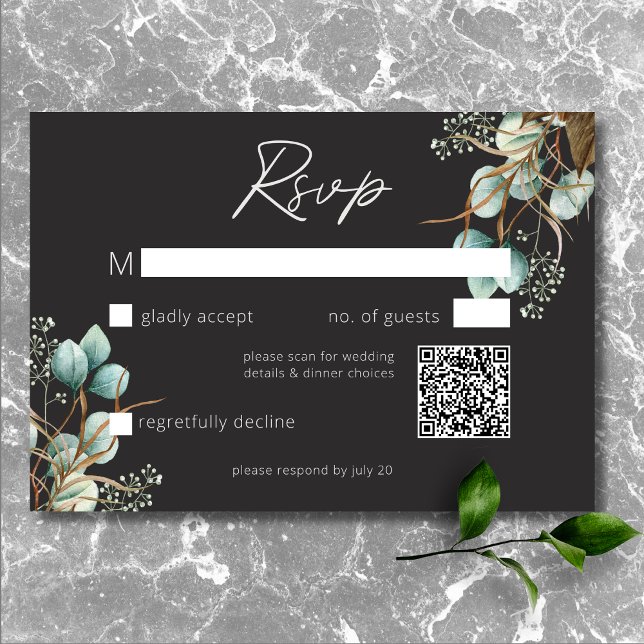 Tarjeta De Confirmación De Asistencia Elegantes personajes blancos modernos Código QR Bo (Modern Elegant White Peonies Black Wedding QR Code RSVP Card)
