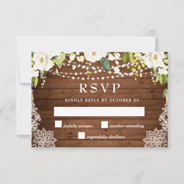 Tarjeta De Confirmación De Asistencia Elegantes rosas blancas verde Boda rústico (Anverso)