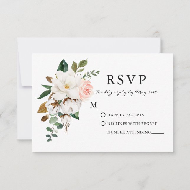 Tarjeta De Confirmación De Asistencia Elegantes Rosas de acuarela Boda Magnolias (Anverso)