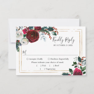 Tarjeta De Confirmación De Asistencia Elegantes Rosas de invierno de Borgoña Boda de la