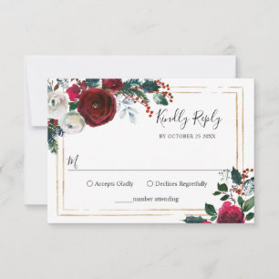Tarjeta De Confirmación De Asistencia Elegantes Rosas de invierno de Borgoña Boda de la